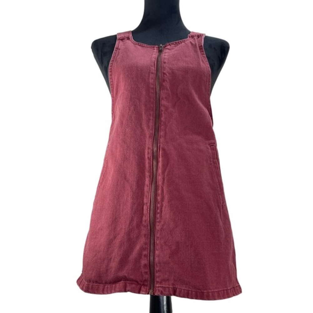 Forever 21 Denim Pinafore Dress Burgundy Red Full‎ Zip Pockets S romantic